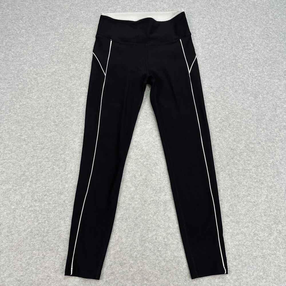 WILO Ribbed Leggings WMNS M Black White Piping Mid Rise Crop Stretchy Activewear